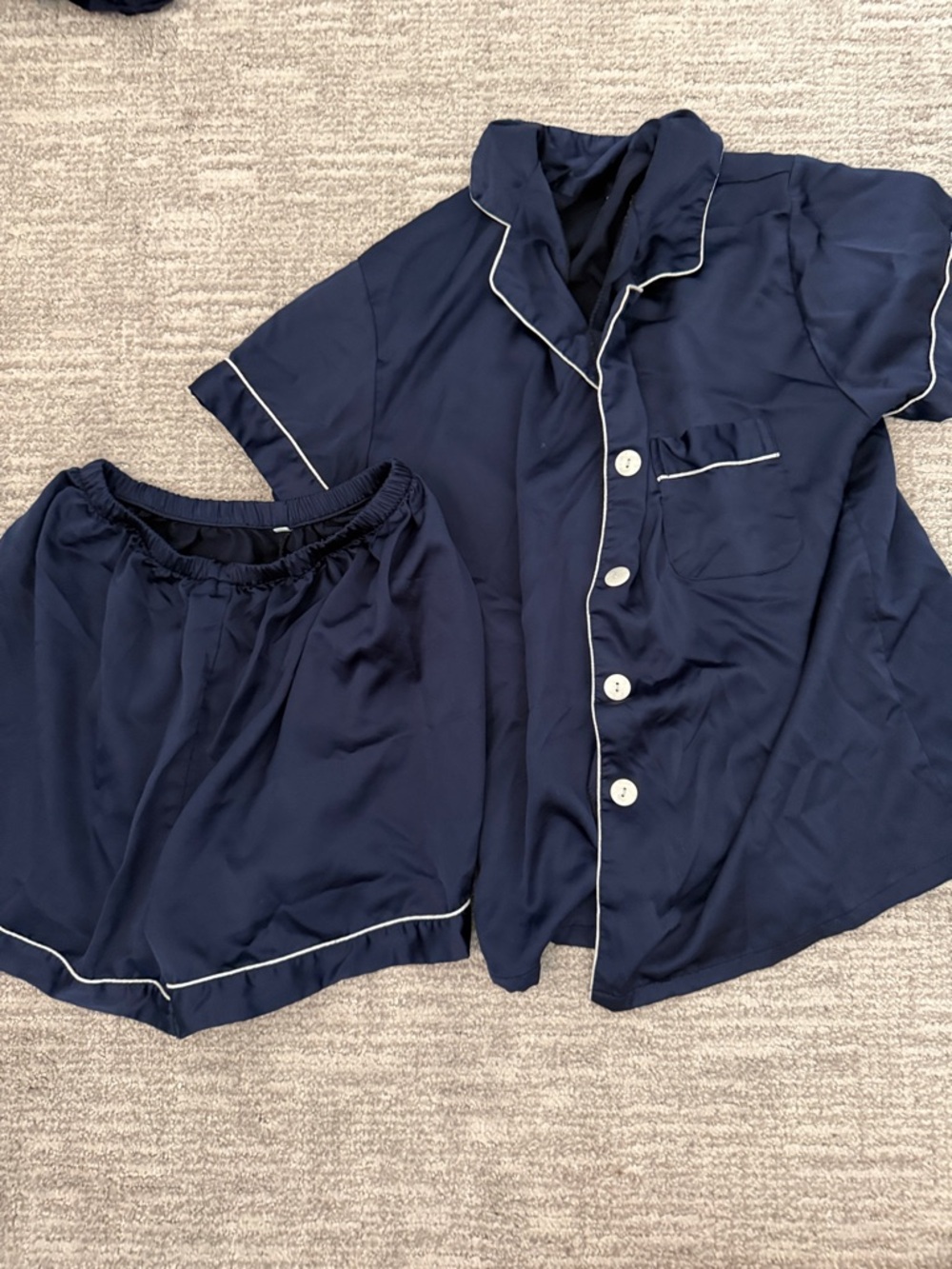 Navy Short Sleeve Pajama Set with Contrast Piping
